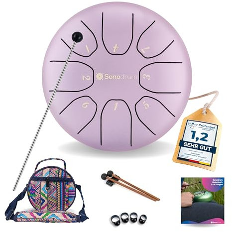 Sonodrum Zungentrommel Standard C - Dur in Flieder - 14 cm klein mit 8 Tönen - Steel Tongue Drum inkl. Liederbuch, Schlägel, Fingersticks und Tragetasche - Notenlesen nicht nötig, einfach zu spielen