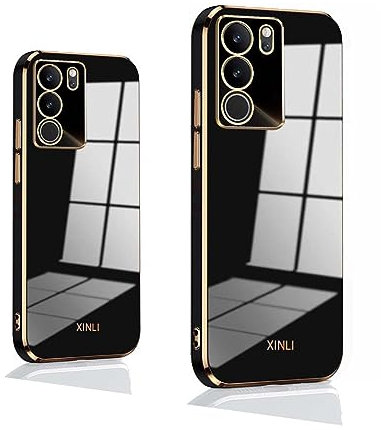 PEIYE Hülle für Vivo V29 5G, Stoßfeste Bumper Silikon Schutzhülle, Weiche TPU Handyhülle mit Glänzender Oberfläche & Goldenen Kanten, Cover Case, Schwarz