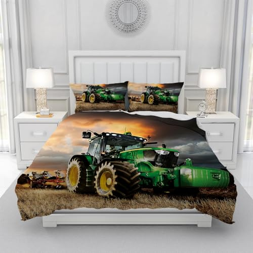 Leleyouzer 3D Traktor Bettwäsche Set 220 x 240 cm,Traktor Muster Bettbezug für Kinder Jungen,Weich und Bequem Mikrofaser 3 Stück Set mit Zip Verschluss