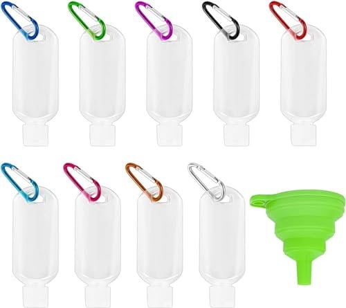 Jubaopen 9PCS 50ml Cosmetic Bottles Travel Liquid Containers Bottle Travel Bottle Set Refillable Bottles 50ml Plastic Keychain Bottles with 1PCS Funnel for Travel Outdoor School