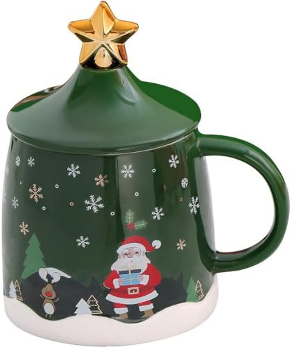 SuperglockT Süße Weihnachten Kaffeetasse 400ml Weihnachtstasse Trinkbecher mit Deckel und Löffel Cartoon Weihnachtsmotiv Muater Milchbecher für Frauen Freundin Kollege Mutter (Grün)