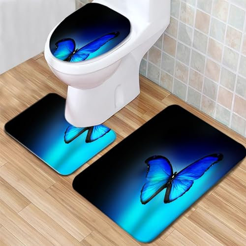 Badezimmerteppich Set Schmetterlingsblaues Muster Badgarnitur 3 Teilig Mikrofaser Badematten Set rutschfest U FöRmige Duschvorleger Super weich, Schnell Trocknend WC-Garnitur Teppich