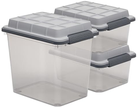 Curver Latch Pro Aufbewahrungsbox aus robustem, wasserabweisendem Kunststoff, mit Deckel mit extra Kapazität, transparent, Grau, 3 Stück