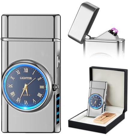 SKRFIRE Electric Double Arc Plasma Lighter, Rechargeable Lighter with Battery Display Indication Cool Lighters Revolve with Gift Box for Friends, Family, Candles(silver)