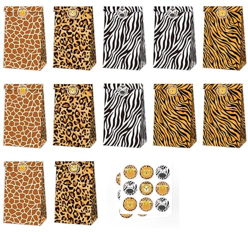 POFET 12er-Pack Bonbontüten mit Tiermotiv, Leoparden-Zebra-Löwen-Streifendesign, Papiertüten für Kekse und Bonbons