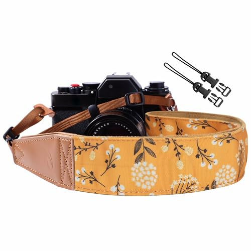 Padwa Lifestyle Camera Strap - 2 Full Grain Leather Ends Camera Straps for Photographers, Vintage Embroidered Cotton Weave Soft Suede Fabric Padded Strap Quick Release fits All Cameras