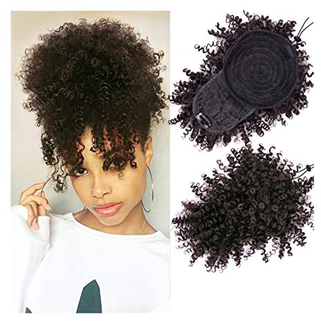Xumh2024-3 Chignon Afro avec Queue de Cheval et Frange, Extensions de Cheveux, Noir, Clipser, Bohème, Crépus, 15.2 cm
