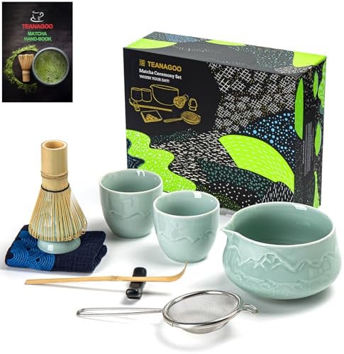 TEANAGOO Matcha Set Matcha Whisk Matcha Bowl with Pouring Spout Scoop Matcha Whisk Holder Tea Making Kit. Japanese Tea Set (7pcs) + 2Cups(5.6oz),S36,Celadon Blue,Color Box Packing…