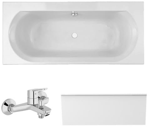 Jacob Delafon Pack Baignoire Droite 180 x 80 Elise + Tablier en Niche + mitigeur Bain Douche Mural Aimé chromé + vidage