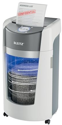 LEITZ IQ Optimax - Destructeur de Papier, Coupe Micro P5, Détruit 12-10 Feuilles (70-80 g/m²), Corbeille 35L Rotative avec +33% de Capacité (550 Feuilles A4), Ultra-Silencieux, Coloris Blanc, 83600000