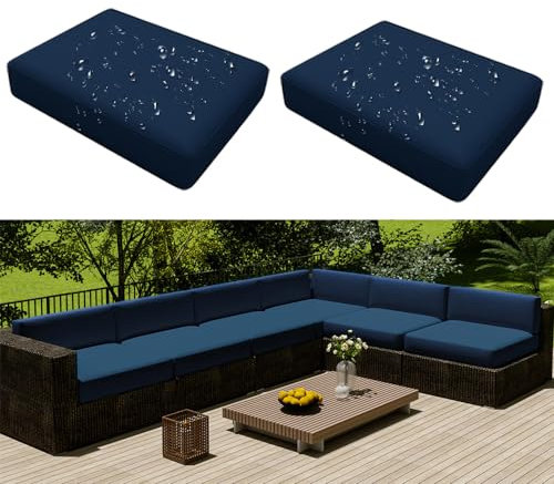 Hiseng Outdoor Sofa Sitzkissenbezug 2er Set Wasserdicht mit Reißverschluss, Terrassenstuhl Sofakissen Bezug Abnehmbar, Wetterfest Sofabezug für Garten Möbel aus Rattan (60x60x10cm,Navy Blau)