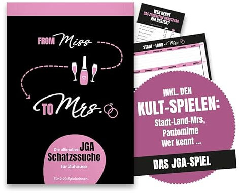 MILINDO Junggesellinnenabschied Frauen – Schatzssuche JGA - from Miss to Mrs - Erwachsene, Mädels, Frauen, Partyspiel 2-20 Spielerinnen – Schnitzeljagd