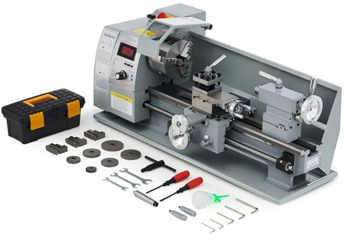 CREWORKS 750W Mini Tour à Métaux d'Établie 210x400mm 8x16 Haute Précision avec Mandrin à 3 Mâchoires et Vitesse de Broche Max. 2500rpm Écran LCD pour Filetage Tournage Perçage