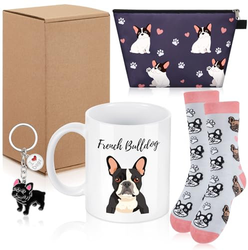 Nuenen 5 Pieces French Bull Dog Gifts Set Includes Ceramic Funny Coffee Mug Socks French Bull Dog Keyring Makeup Bag Greeting Card with Box Gift for Women Birthday Xmas Party