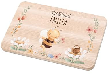 Bärenfreunde - Individuelles Holzbrett mit hochwertigem Spezial-Druck für Kinder - Personalisiertes Frühstücksbrettchen - Niedliche Motiv-Brettchen mit Namen (Biene Blumen)