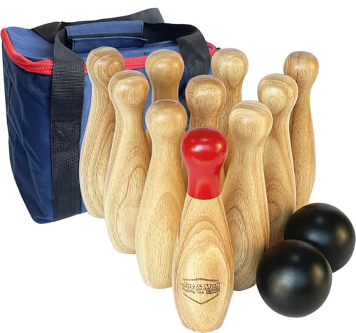 Bowlingspiel aus Holz, Wurfflaschen, Rasen-Spiel für die Familie, Spiel-Set mit Tragetasche (H 20 cm, 10 Stifte + 2 Bälle)