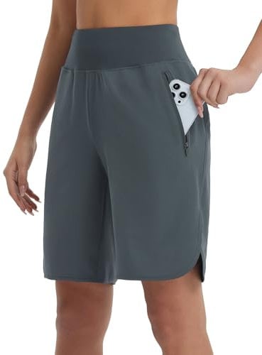 baleaf Women's Running Shorts 9'' Zip Pockets High Waisted Workout Hiking Summer Shorts Quick Dry Dark Grey L