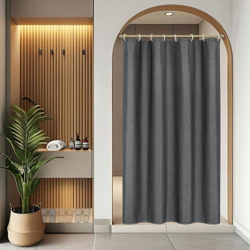 EurCross Leinen Texturiert Duschvorhang 120 x 200 cm Wasserdicht Anti Schimmel Textil Stoff Duschvorhänge, Dunkelgrau Schmaler Schwerer Hotel Luxus Waschbar Badvorhang mit 8 Ringen