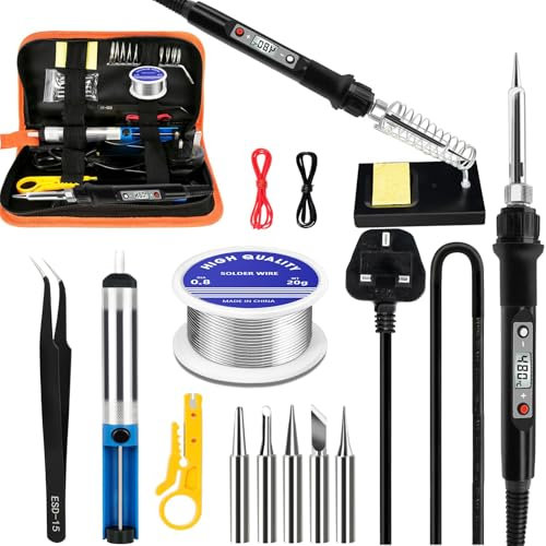 Soldering Iron Kit, 60W Soldering Kit with LCD Digital Multimeter Adjustable Temperature 200-450°C, Include Solder Wire, 5 Soldering Tips, Desoldering Pump, Wire Stripper Cutter, Stand, Tweezer