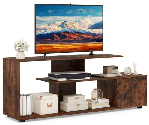 COSTWAY Meuble TV, Meuble Télé pour 55 au Max, Design S, Rangement Ouvert, Grand Compartiement, Petite Armoire à Porte, Meuble TV Moderne pour Salon, Chambre (Marron Rustique)