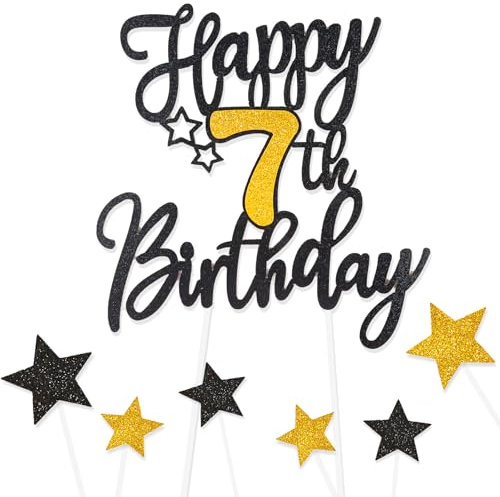 Black Gold Happy 7th Birthday Cake Toppers for Cake,Personalised Cake Toppers for Boy Men Girl Women Decorations,Glitter Cupcake Topper Cake Topper Kit 7th Birthday Party Cake Decoration Supplies