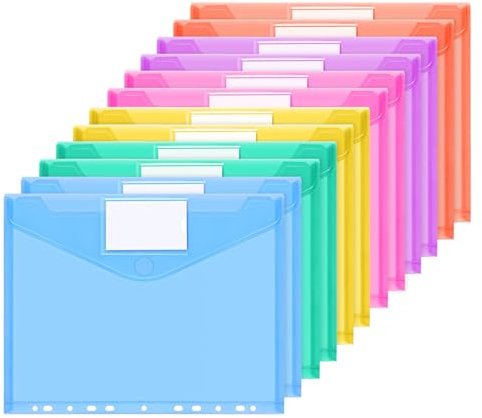 HOMIKLSA Pack de 12 Carpetas A4, 6 Colores - Carpetas Impermeables A4 con 11 Agujeros y Bolsillo para Etiquetas - Organizador de Documentos para Oficina, Escuela y Hogar