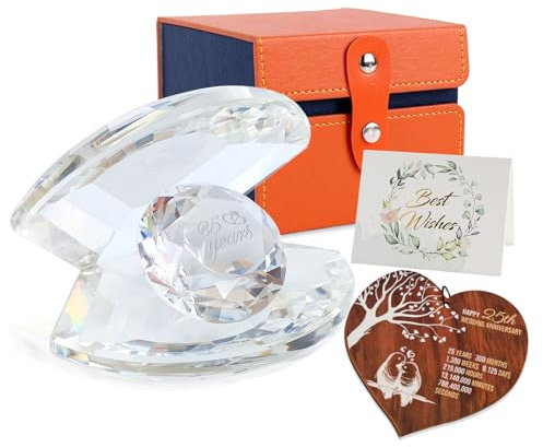 Pkinmonut Crystal Clear Shell for 25th Wedding Anniversary Romantic Gifts for Couple Silver Wedding Anniversary Presents 25 Years of Love Glass Keepsake Ornament with Wooden Heart Plaque and Card
