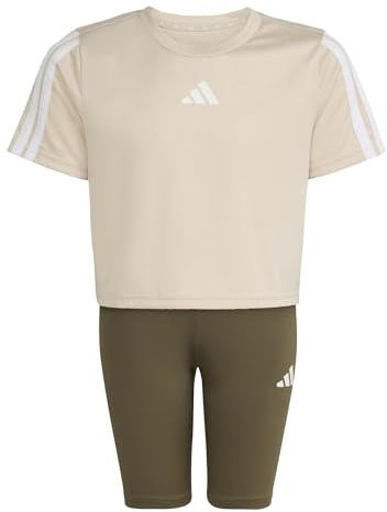 adidas Girl's TRAIN ESSENTIALS 3-STIPES T-SHIRT SET, Crystal Linen/white, 11-12 Years