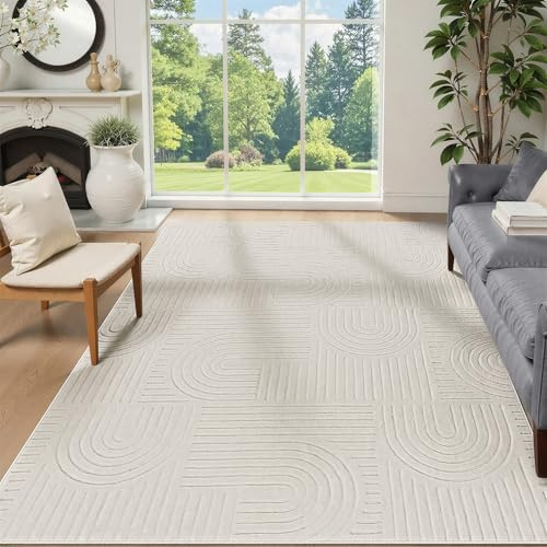 Edlbaegy Rugs Living Room Large 160x230 Washable Cream Area Rugs Fluffy Low Pile Soft Geometric Modern Anti Slip No Shedding Carpets for Bedroom Sitting Room Office Dining Room Decor