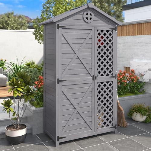Gerätehaus Holz Geräteschuppen Klein Geräteschrank Garten 90 x 56,5 x 175,3 cm (BxTxH), Gartenhaus Gartenschuppen Gartenschrank Wetterfest, Gartenhütte Stabile X-förmige, Grau