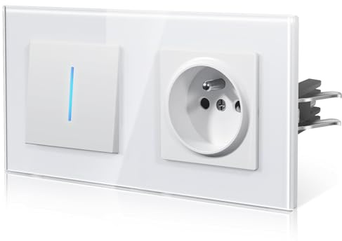 BSEED Interrupteur va-et-vient de lumière avec prise en verre, interrupteur mural avec griffe, Fils à connexion rapide pour une installation rapide, nouvelle série E, 1 Gang 2 Voie, Blanc 157mm