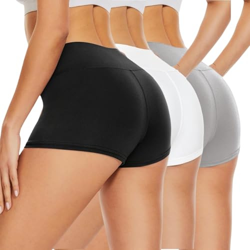 JiaYouLC High Waisted Mini Pants, Women's Stretchy Anti Chafing Shorts Yoga Gym Cycling Sports Running Workout Hot Pants (UK, Alpha, L, XL, Regular, Regular, Black+White+Gray, 2.5 Inseam)