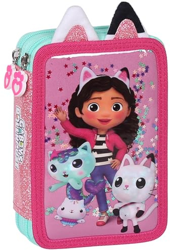 sarcia.eu Gabby's Dollhouse Trousse à Crayons Deux Compartiments avec ÉQUIPEMENT pour Fille, pour L'ÉCOLE - 32 éléments, 2 Zip Oreilles 3D (Gabby Pliable)