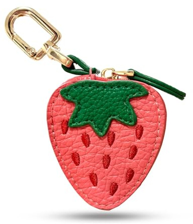 Mini Coin Purse Bag Charm Erdbeere, Niedlicher Schlüsselanhänger Erdbeere, Taschenanhänger Damen with Zip, Mini Geldbörse Damen, Schlüsseletui mit Münzfach, Obst Portemonnaie Mädchen (6.5X 5.5cm)
