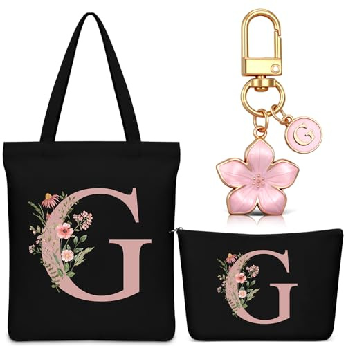 Hestya Set de 3 Cadeaux pour Femme 1 Sac Fourre-Tout en Toile Personnalisé avec Initiale 1 Trousse de Maquillage avec Nom 1 Porte-Clés avec Lettre pour Amis Collègues Anniversaire Mariage (Noir, G)