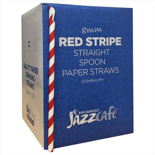 Thali Outlet - 9 Straight Compostable Spoon Scoop Paper Straws Red Stripe 20 Boxes 500