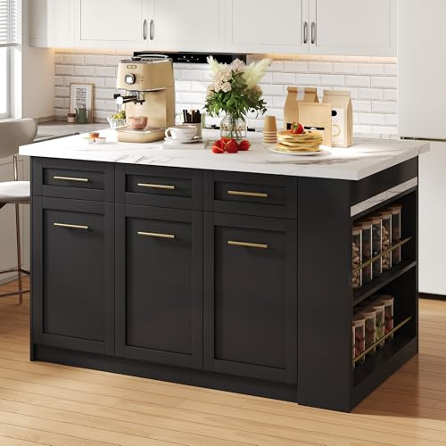 NADEUSAK Isla de cocina multifuncional de 90 x 150 cm, mesa de comedor extensible negra, encimera de madera de mármol blanco, mesa, armarios de almacenamiento integrados, para cocina familiar