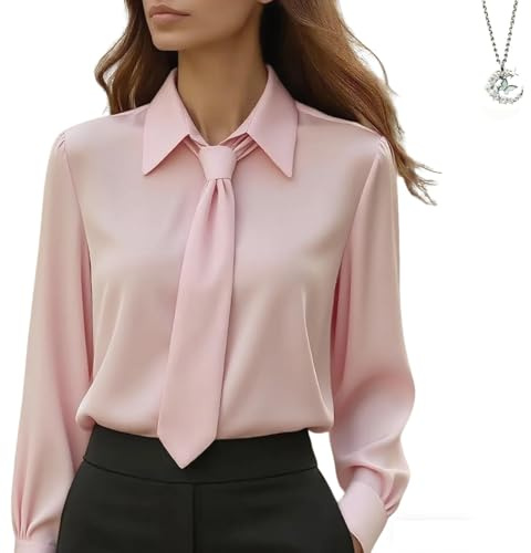 WXDTW Chemisier élégant en satin avec cravate - Chemise habillée à manches longues en soie pour invités de mariage et affaires décontractées