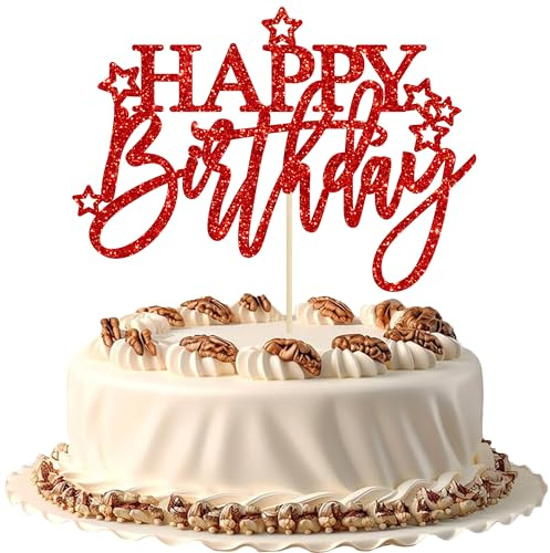Ephlyn 1PC Happy Birthday Cake Topper Glitter Happy Birthday Cake Pick for Celebrating Wedding Anniversary Party Cake Decorations Supplies Red