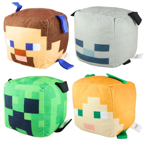 Minecraft Weiches Haustier- und Hundespielzeug mit Seilanhänger, 15 cm, 4 Stück, Steve, Creeper, Skelett und Alex