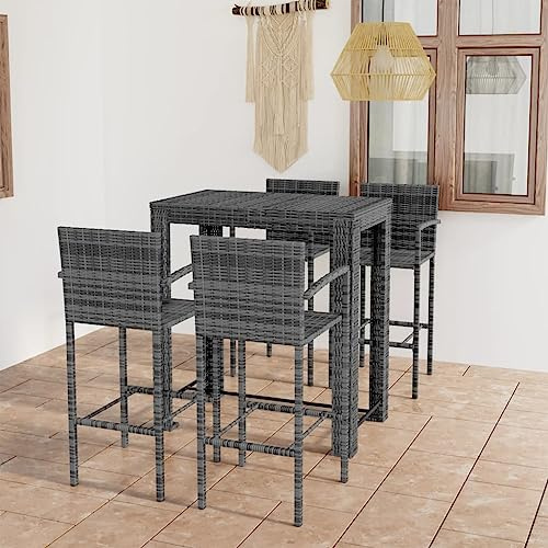QUAHEAS 5-TLG. Garten-Bar-Set mit Armlehnen, Poly Rattan Grau, Bartisch und 4 Barhocker für Terrasse, Outdoor Essbereich