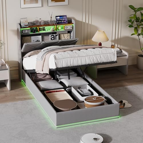 KOOPMAD Einzelbett 90x200 mit Bettkasten, Polsterbett mit LED und USB, Jugendbett 90x200 mit Stauraum Kopfteil, Boxspringbett, Daybett, Bettgestell mit Lattenrost, Leinen, Ohne Matratze (Grau-G)