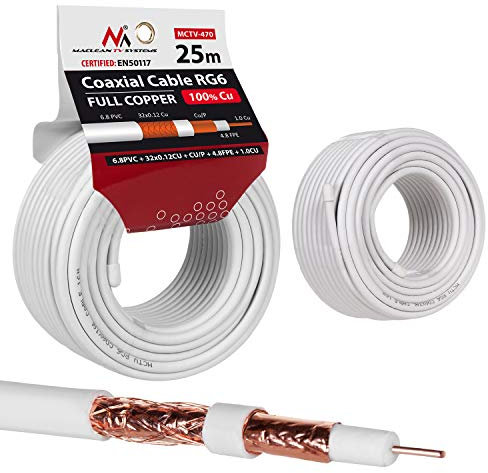 Maclean MCTV Cable de antena coaxial RG6 Cobre puro 100% CU Cable de antena de TV satelital coaxial (25m)