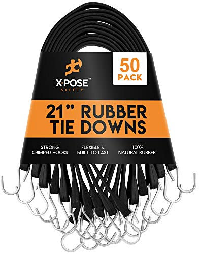 Xpose Safety Gummi-Bungee-Seile mit Haken, 50 Stück, 53,3 cm (max. 81,3 cm), strapazierfähig, schwarz, Spanngurte für Outdoor, Planenabdeckungen, Segeltuch, Motorrad und Ladung – von Xpose Safety