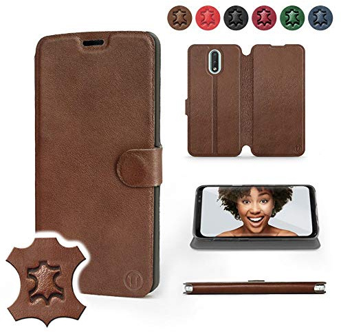 MOBIWEAR | Echt Lederhülle | Kompatibel mit Nokia 2.3, Made in EU handyhülle, Slim Leather Case, Premium Flip Schutzhülle, Transparent TPU Silicon, Book Style, Tasche - Braunes Leder
