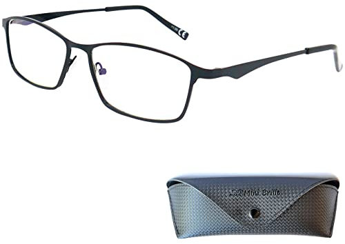 Mini Brille - Lunettes Anti Lumière Bleue Élégantes, Verres Rectangulaires, Etui, Monture en Acier Inoxydable Léger (Noir), Lunettes de Lecture Homme et Femme +1,0 Dioptrie