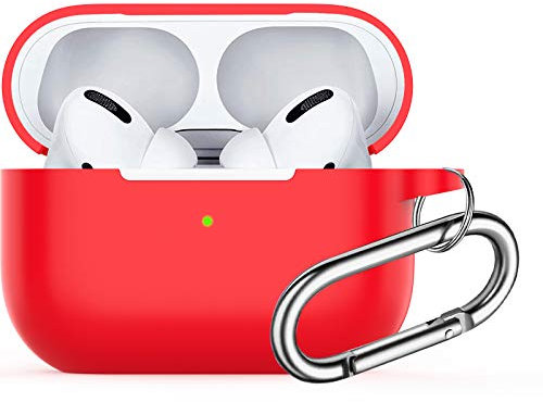 für Airpods Pro Hülle, Watruer Soft Silicone Skin Cover Stoßdämpfende Schutzhülle mit Schlüsselbund für Apple Airpods Pro 2019 (LED vorne sichtbar) - Rot