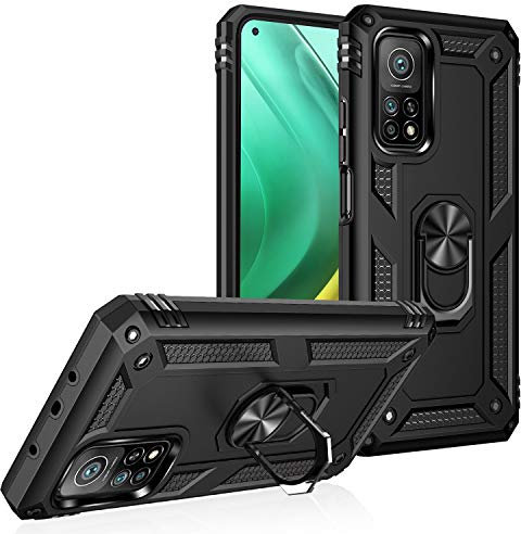 BestST Hülle für Xiaomi MI 10T 5G/10T Pro 5G Cover + HD schutzfolie, Armor Stoßfest TPU PC Schutzhülle Ringhalter Handytasche Case Handy Hüllen, Schwarz