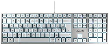 CHERRY KC 6000 SLIM, clavier au design ultra-plat, layout belge (AZERTY), filaire (connexion USB-A), silencieux, durable, marquage des touche, argent