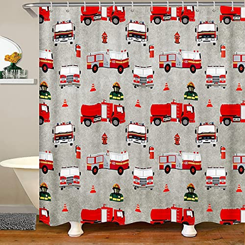 Loussiesd Kinder Feuerwehrmann Duschvorhang 180x200cm Jungen Feuerwehr Feuerwehrmann Duschvorhang Textil Rot Feuerwehrauto Fahrzeug Muster für Mädchen Stände Dekor wasserdichte Vorhänge